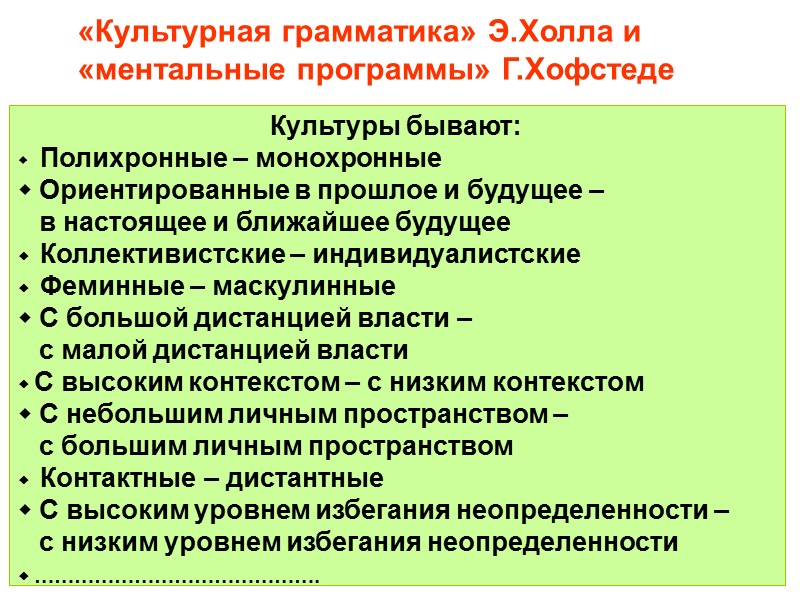 «Культурная грамматика» Э.Холла и  «ментальные программы» Г.Хофстеде Культуры бывают:   Полихронные –